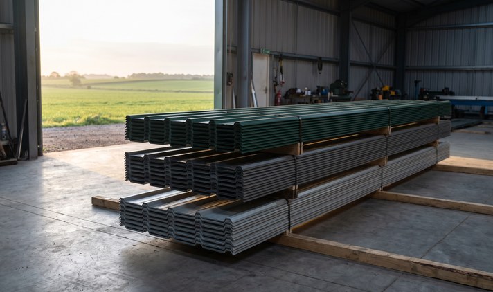 Coloured cladding sheets stacked for collection