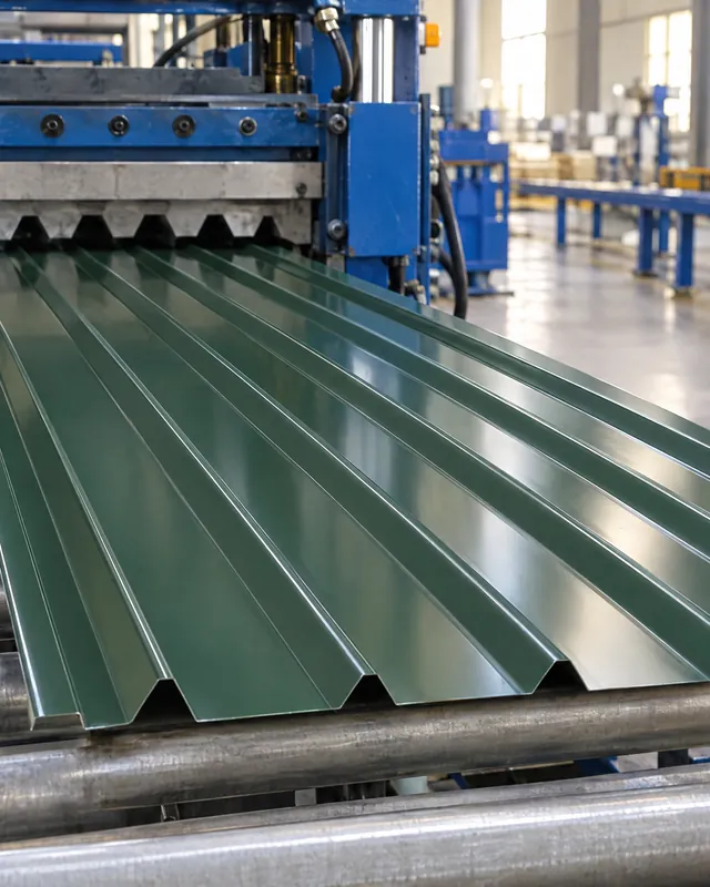 A green box profile sheet coming off a roll former