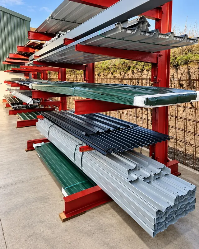 Coloured box profile sheets on the stock racks at the factory in Cappoquin