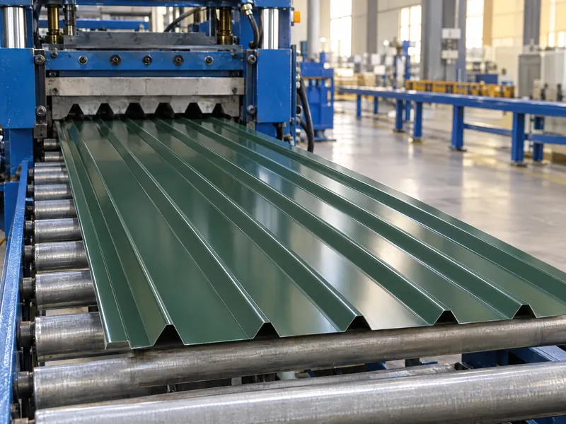A green box profile sheet coming off a roll former