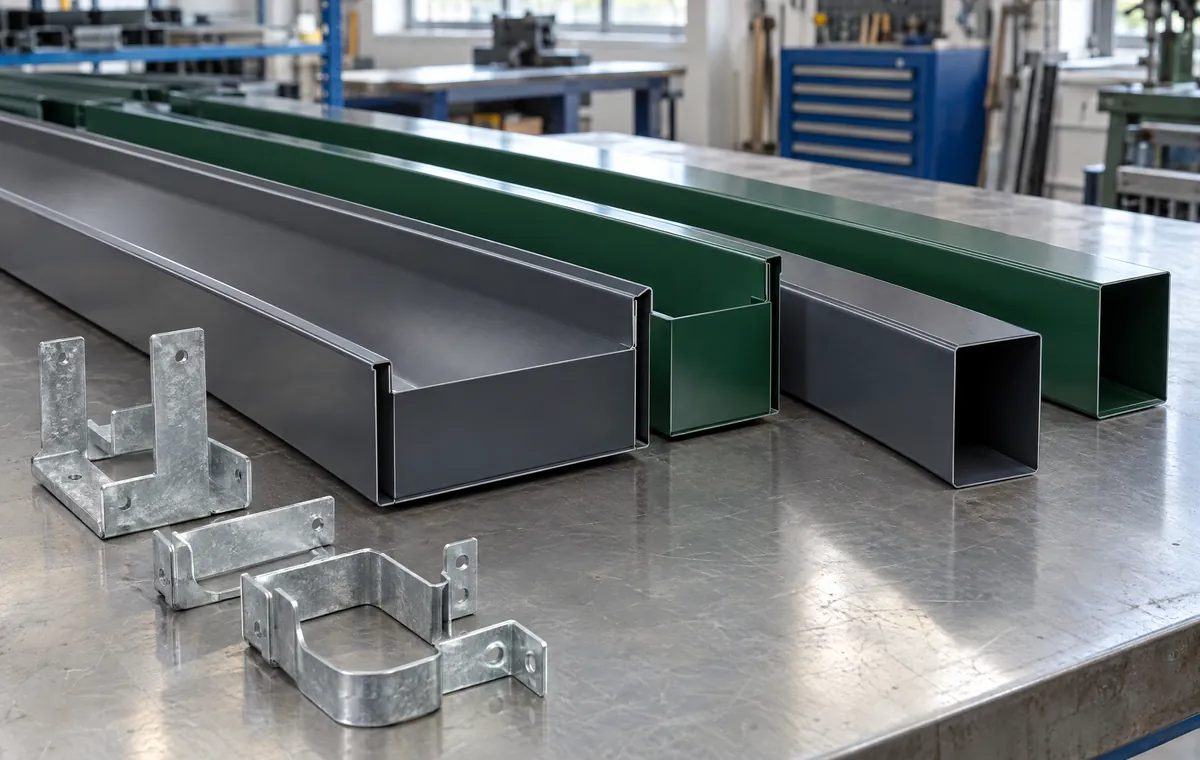 Steel box gutters and downpipes