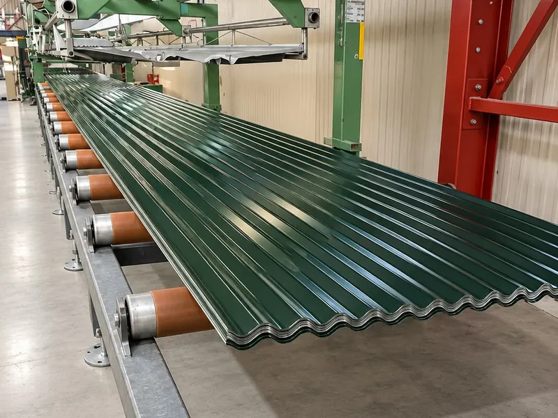 Green 13.5/3 corrugated sheet on the run-out at the factory
