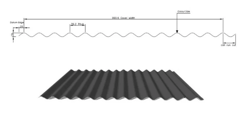 13.5/3 corrugated section drawing: 990.6 cover width, 76.2 pitch, 19 depth