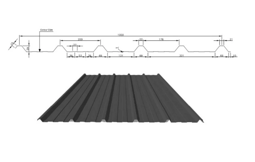 MW5 box profile section drawing: 1000 cover width, 200 rib pitch, 29 rib height