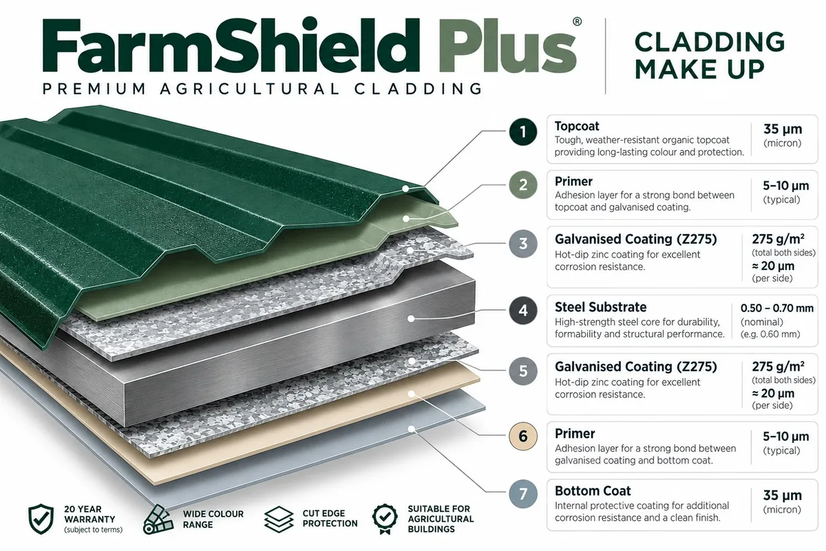 FarmShield Plus cladding make-up on MW5 box profile: seven layers, from topcoat and primer through Z275 galvanised coating and steel substrate to primer and bottom coat; 20 year warranty subject to terms