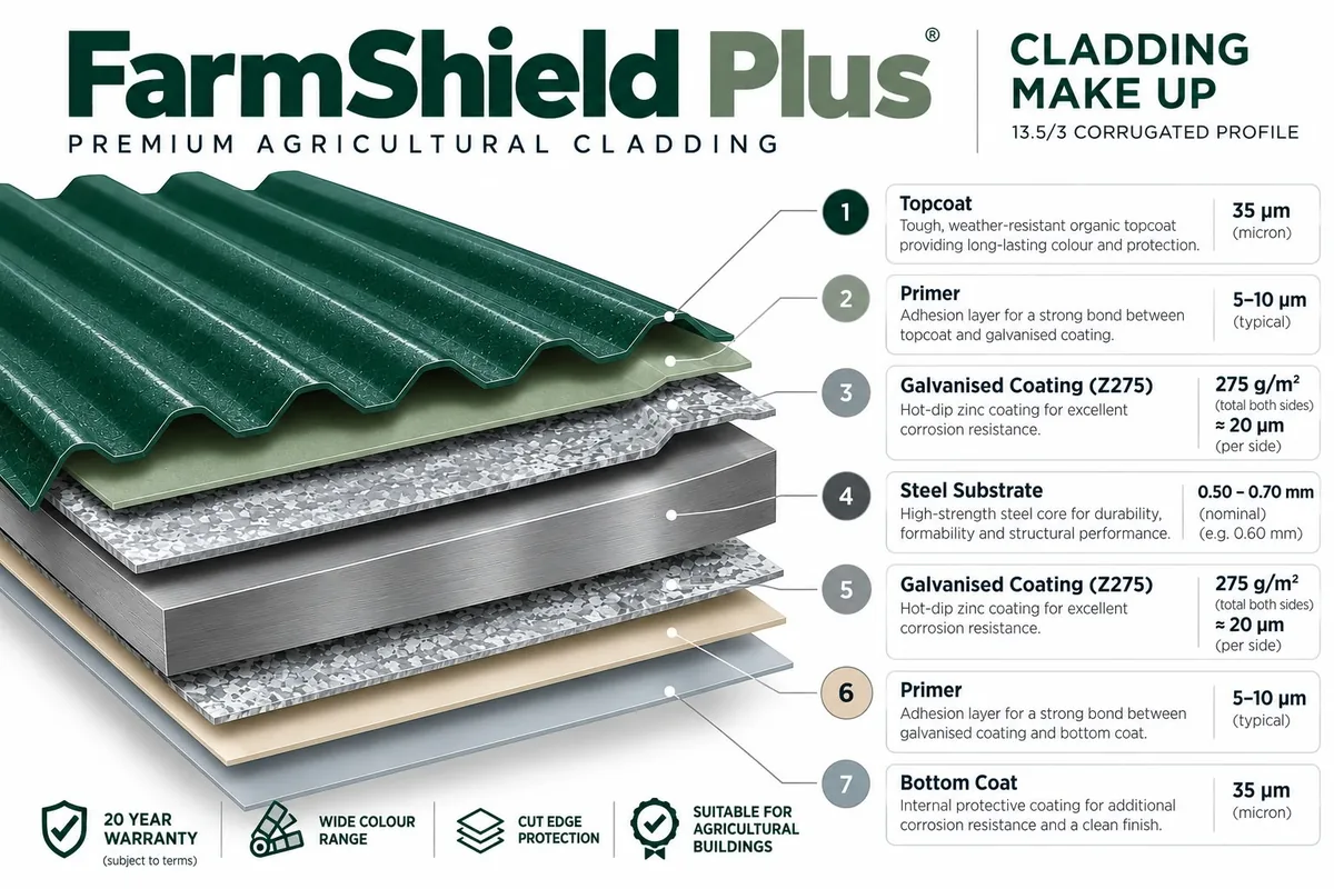 FarmShield Plus cladding make-up on 13.5/3 corrugated profile: seven layers, from topcoat and primer through Z275 galvanised coating and steel substrate to primer and bottom coat; 20 year warranty subject to terms