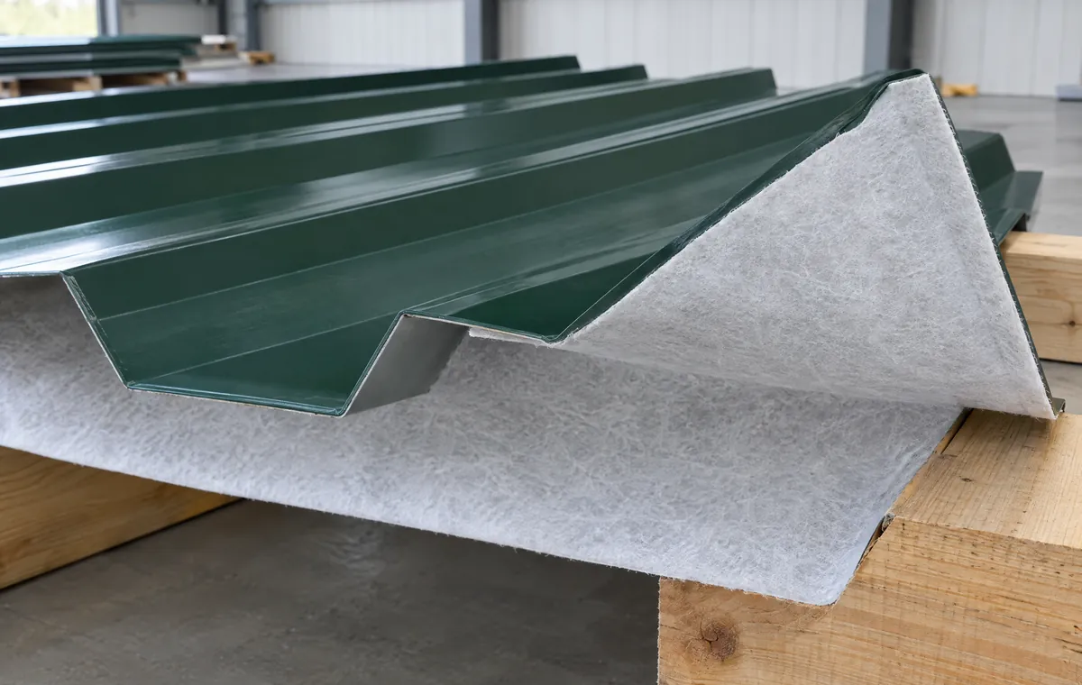 Inside a steel shed: the underside of a box profile roof on a red steel frame
